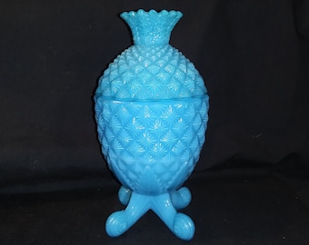 Portieux Vallerysthal, France, Gorgeous blue opaline glass Pineapple dish, lidded bon bon/ candy dish. Free Shipping!