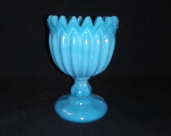 Beautiful Vintage Blue glass pedestal goblet / votive holder. Portieux Vallerysthal. Sawtooth rim, detailed pattern. Free Shipping!