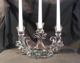 Cambridge Glass Triple Caprice Candlestick holder, 3 light candelabra. Rare #1565 from the 1930. Includes candles and Free Sipping!