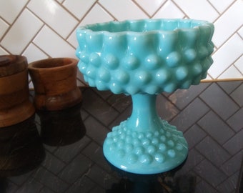 Beautiful Vintage unmarked Fenton Aqua milk glass hobnail ruffled compote candy dish. Rare pale /pastel turquoise blue/green. Free shipping!