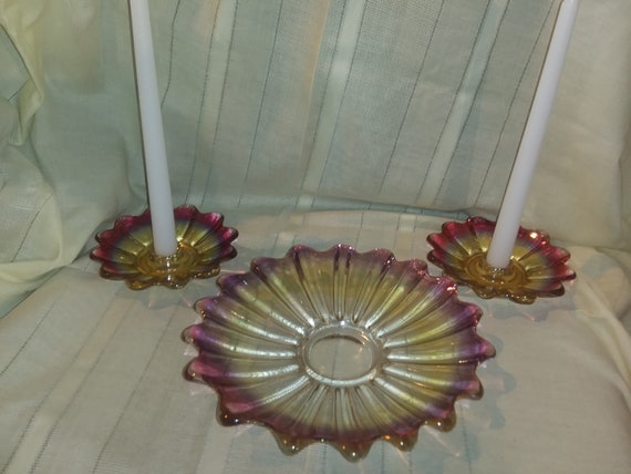 Federal Glass vintage star shaped 3 piece console set, plate/bowl and 2 candle holders. Pink, Purple, and Amber ombre glass. Free shipping!