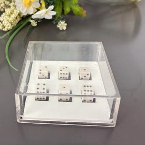 May include: A set of six off-white dice with black pips, arranged in two rows of three within a clear, rectangular acrylic display case. The dice are seated in a white molded insert that holds each individual die securely in place.