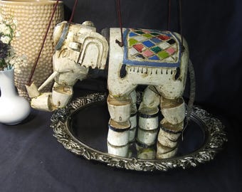 Vintage wooden Elephant Marionette, hanging decor, puppet. Painted White with colorful patterns. Bohemian, Eclectic, Folk Art. Free Shipping