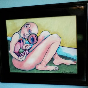 Original oil painting, framed. Surreal, unusual figurative, colorful outsider art