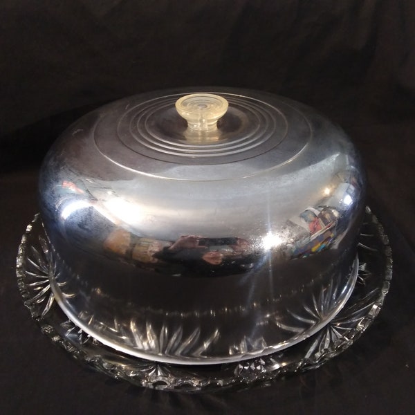 Vintage stainless steel cake saver dome. Metal cover on clear star pattern Glass serving tray. Free shipping included!