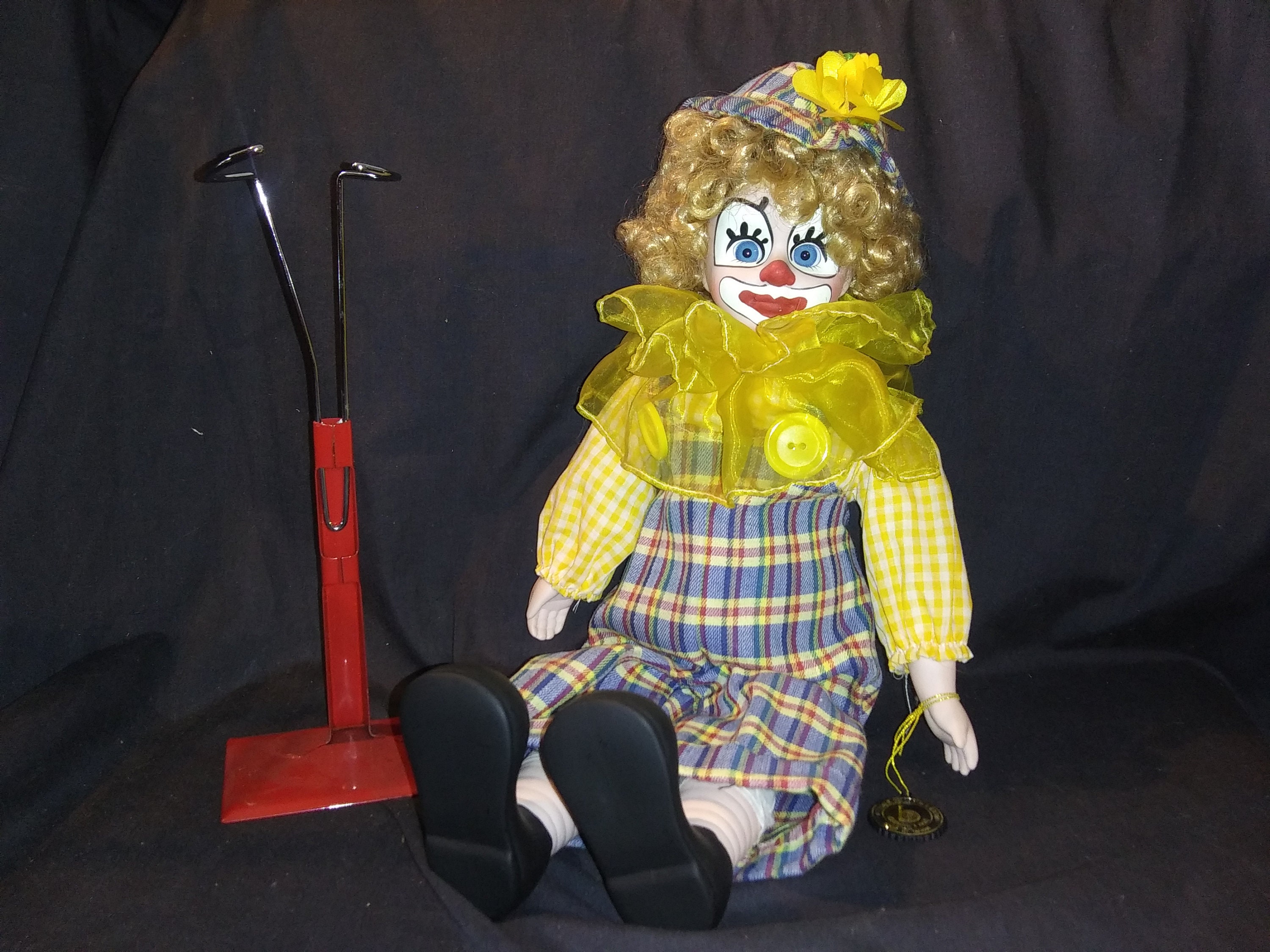 Brinn's High Quality Porcelain Clown Doll. Blonde Curls, Yellow Plaid