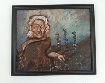 Original oil painting, elderly woman in an unusual garden. Surreal style. Framed. Free shipping.