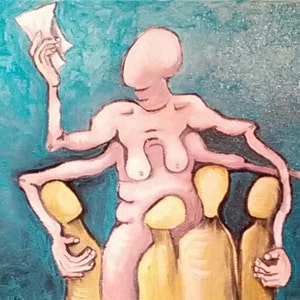 Small original surreal painting, figurative outsider art