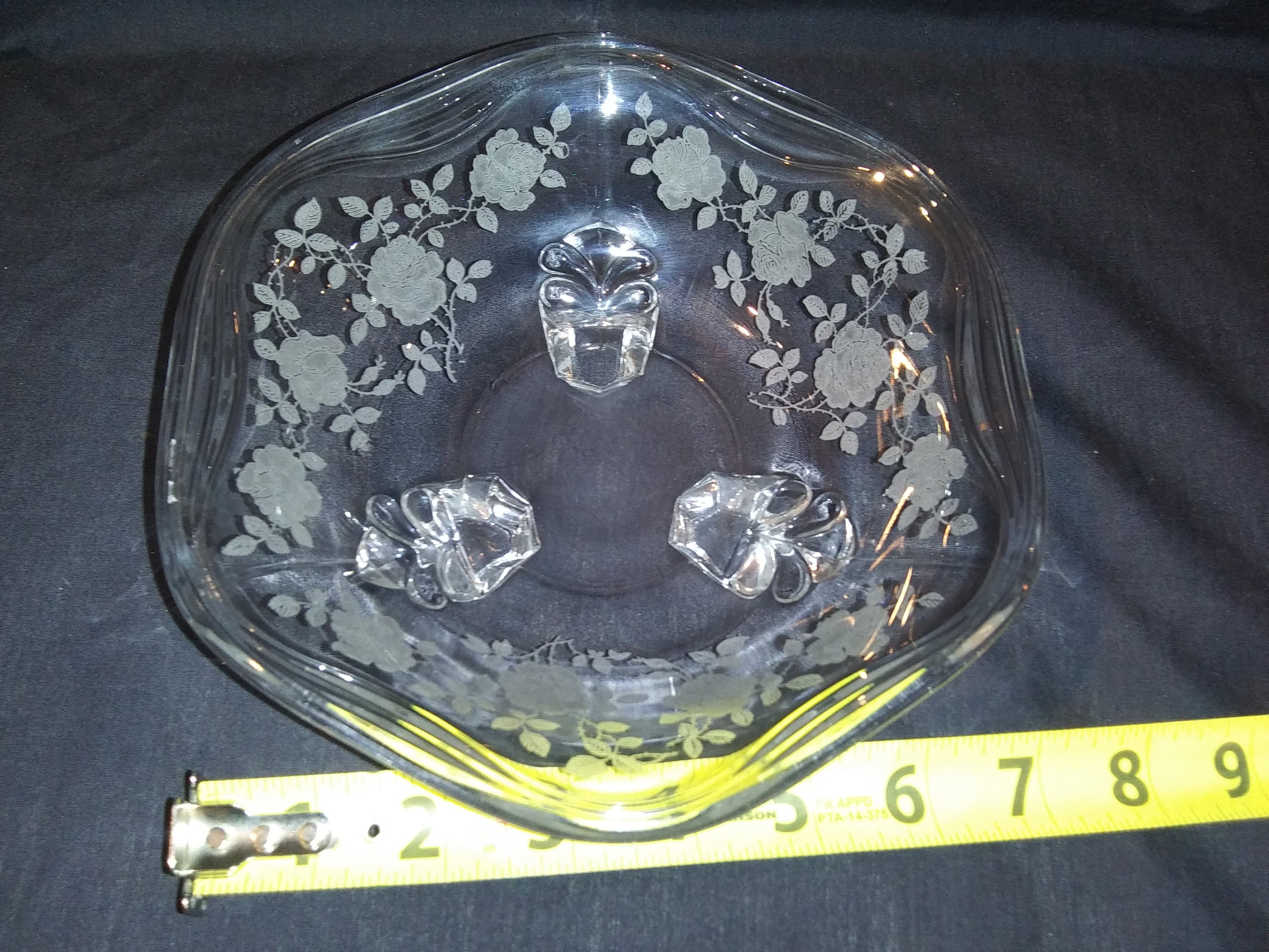Fostoria Willowmere Etched Rose Pattern 3 Footed / Toed Candy or Relish Bowl. Beautiful Vintage