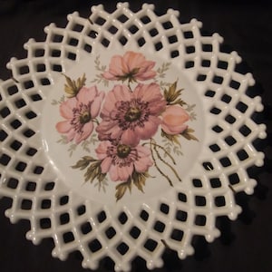 Beautiful wall hanging plate large, 10&quot; with hand painted pink flowers. TMD 1978. Lattice edge, openwork style. Free shipping!