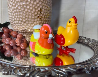 Pair of 2 vintage kitsch Easter chicken toys. 1 Egg laying hen with marbles, 1 push motor toy. Cute! Free shipping!