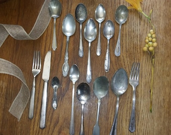 Mixed Lot collection of 15 pieces, Antique silver plated silverware spoons, forks, and knives. Various styles. Free Shipping!