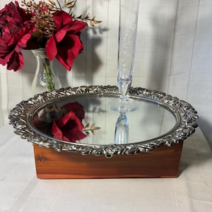 Pretty vintage mirrored vanity top decor tray. Pewter metal edge in Rose pattern border. 10x12 inch oval. Free Shipping!