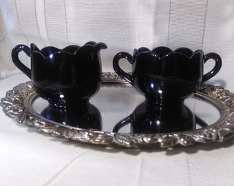 Vintage black amethyst glass cream and sugar set. Scalloped top rim. Free Shipping!