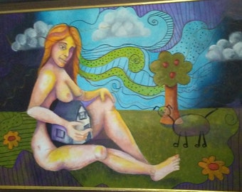 Large framed painting, Surrealim. Nude woman with childlike house, tree, and dog. Large oil painting. Unusual Art. Free shipping!