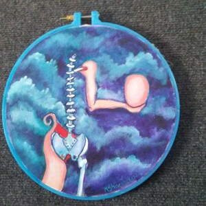 Original oil painting on fabric stretched in embroidery hoop. Strange surreal figure/skeleton. Outsider art. Free shipping. Unusual Gift.