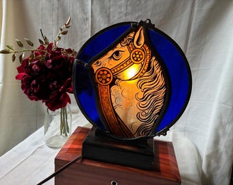 Stained glass decorative lamp. Egyptian style horse and cobalt blue glass circle on wooden base, back lit by bulb on stand. Free Shipping!