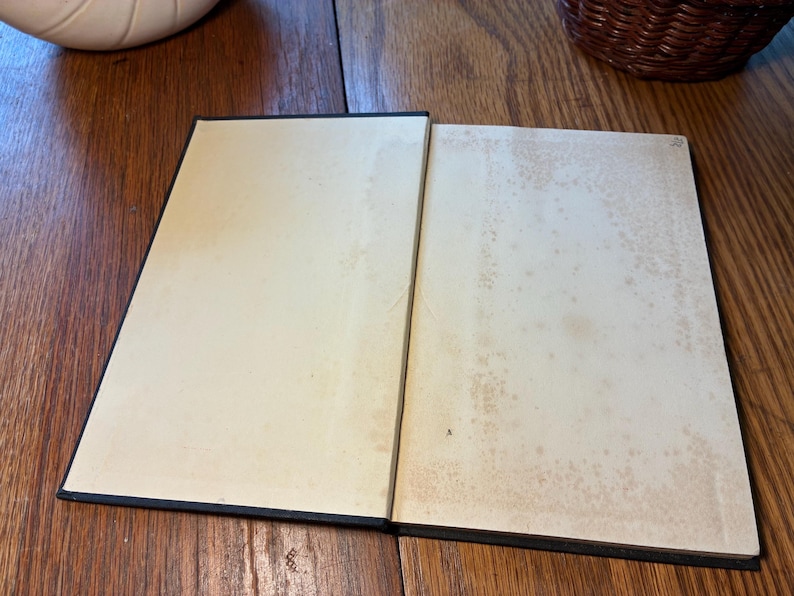 May include: An open book with aged, off-white pages and a black spine. The pages show signs of age with brown spotting. The book is lying on a wooden surface, with a white object and a wicker basket in the background.