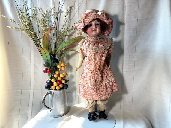1920’s Antique German bisque head, #21, composite body 17 inch doll with original dress. Blue sleep eyes, 3 teeth. Free Shipping!
