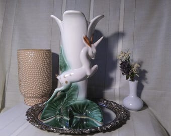Beautiful Hull Regal USA # 311 11 inch Unicorn Deer vase. White with green base. MCM, 1960's collectible ceramic decor. Free Shipping!