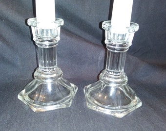 Pair of 2 simple, modern style clear glass candlestick holders. Elegant! Free shipping!