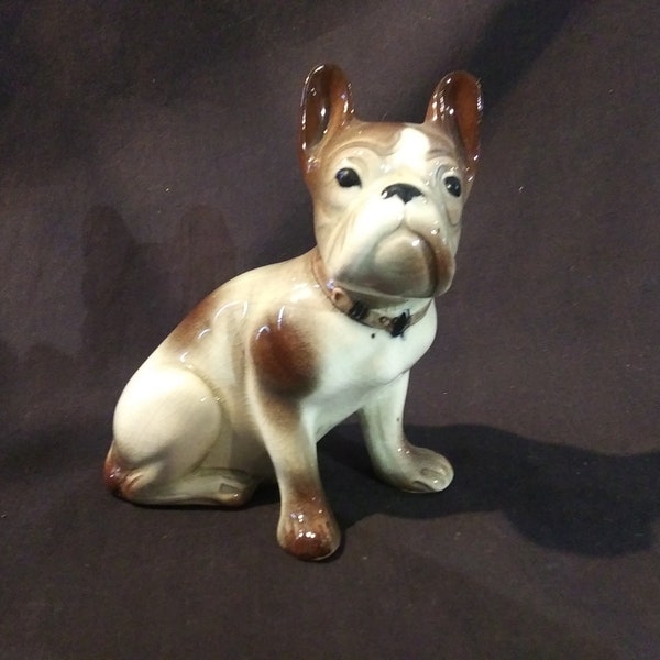Large vintage porcelain figurine of French Bulldog. Brown and white dog. Nice details! Free Shipping!