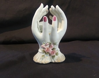 Lefton vintage porcelain double hand vase /planter with decorative pink flowers. Bisque finish. Includes Free Shipping! Item KW1787.