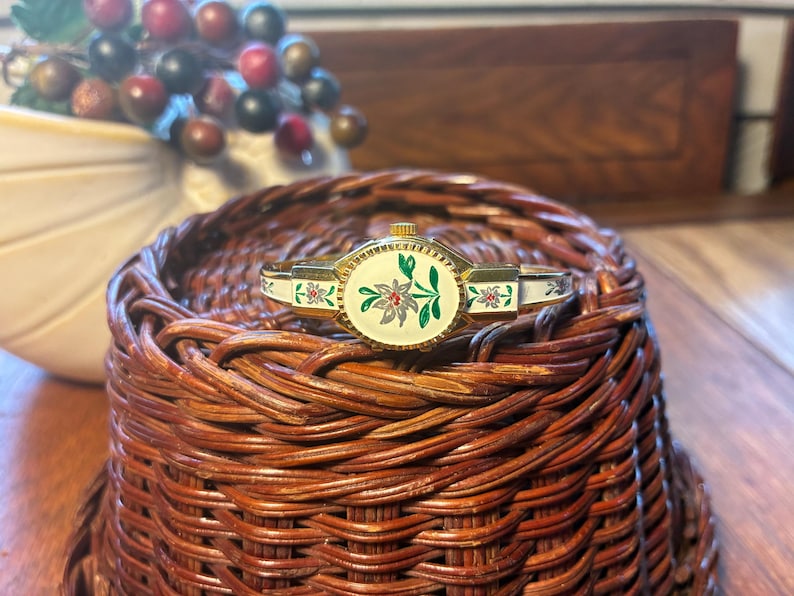 Pretty, delicate vintage ladies watch, Swiss made by Daltos. Enamel floral on Gold tone. Bracelet style, spring closure. Free Shipping! image 1
