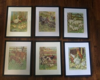 Clara M Burd, set of 6 1930s children's puzzles framed and matted, modern farmhouse wall decor. Beautiful, unique vintage art!