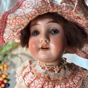 May include: A vintage doll with brown hair and blue eyes, wearing a wide-brimmed hat and a dress featuring a red and white floral pattern. The doll has painted facial features, including arched eyebrows, rosy cheeks, and orange-tinted lips.