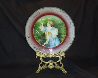 Antique glass circle decor with print on reverse side of a lady with doves. Chain hanger and gold ornate tabletop easel. Free Shipping!