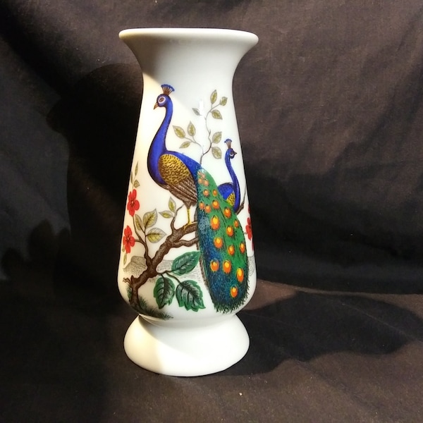 Vintage white ceramic vase with bright colorful image of 2 blue peacocks with red cherry blossoms.  Free shipping!