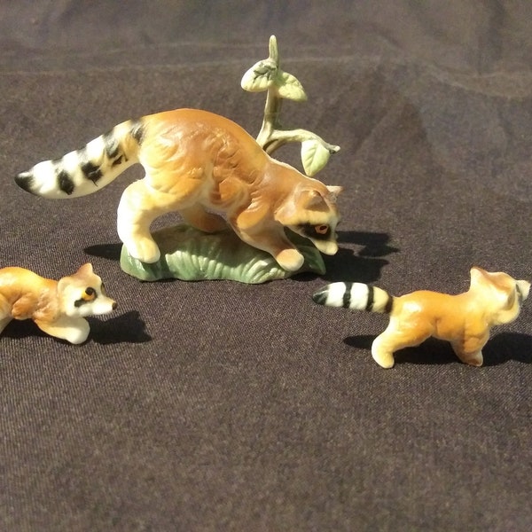 Set of 3 miniature porcelain racoons. mama with tiny tree or branch, and 2 babies. Fine bone china, Japan. Free shipping!