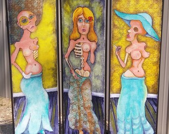 Series of 6 surreal nudes. Original oil paintings, stand alone 3 panel room divider. Fine Art, Outsider