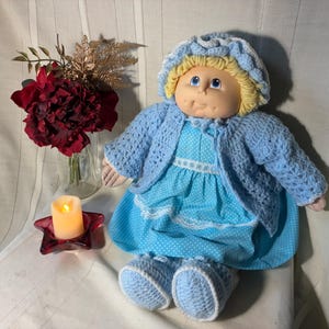 Early 1980’s soft body, plastic head Cabbage Style doll, 22 inch,  by MN Thomas. Blonde, blue eyes, Blue dress, hand crochet. Free Shipping!