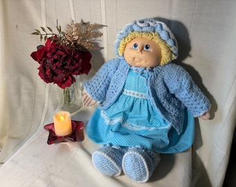 Early 1980’s soft body, plastic head Cabbage Style doll, 22 inch,  by MN Thomas. Blonde, blue eyes, Blue dress, hand crochet. Free Shipping!