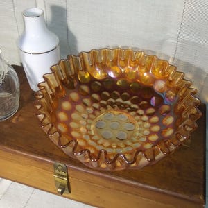 Fenton Unmarked vintage Marigold carnival glass bowl. Coin dot pattern with crimped edge. Free Shipping!