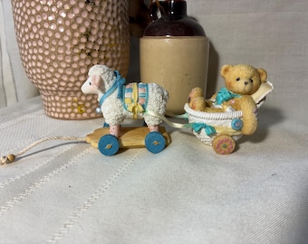 Cherished Teddies, Enesco, 1997 “Brooke” 2 piece figurine, lamb pull toy & bear in baby carriage “Arriving with Love and Care” Free Shipping