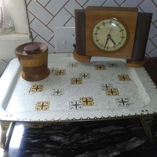 Vintage 1950's aluminum metal serving tray. Magic Starburst pattern, gold and brown. 2 folding side legs. Bed/TV/ Sofa tray. Free Shipping!