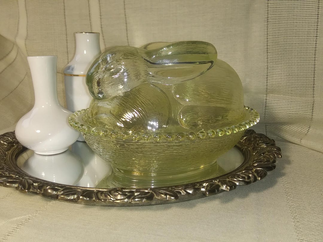Indiana Tiara Glass Yellow Covered Rabbit /bunny on a Nest Dish With ...