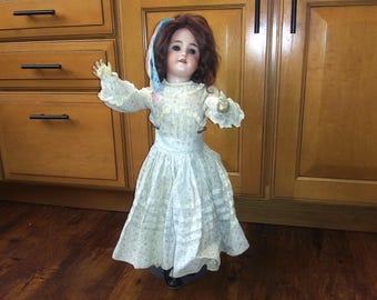 Antique Heinrich Handwerck / Simon Halbig porcelain and composite doll. Blue sleep eyes, antique dress, metal stand, Free Shipping!