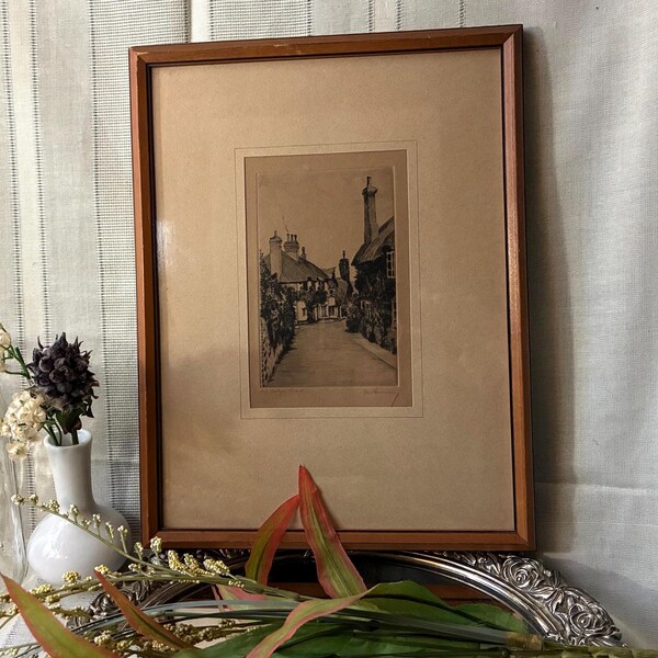 Original Etching, framed wall art “Old Cottages, Porlock” signed by artist A Simes (Edgar James Mayberry) 1920’s. Free Shipping!