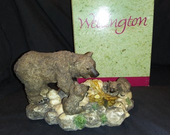 Large Figurine of Mama Bear with 2 cubs, fishing at a pond. Wellington Collection. Original box and Free Shipping!