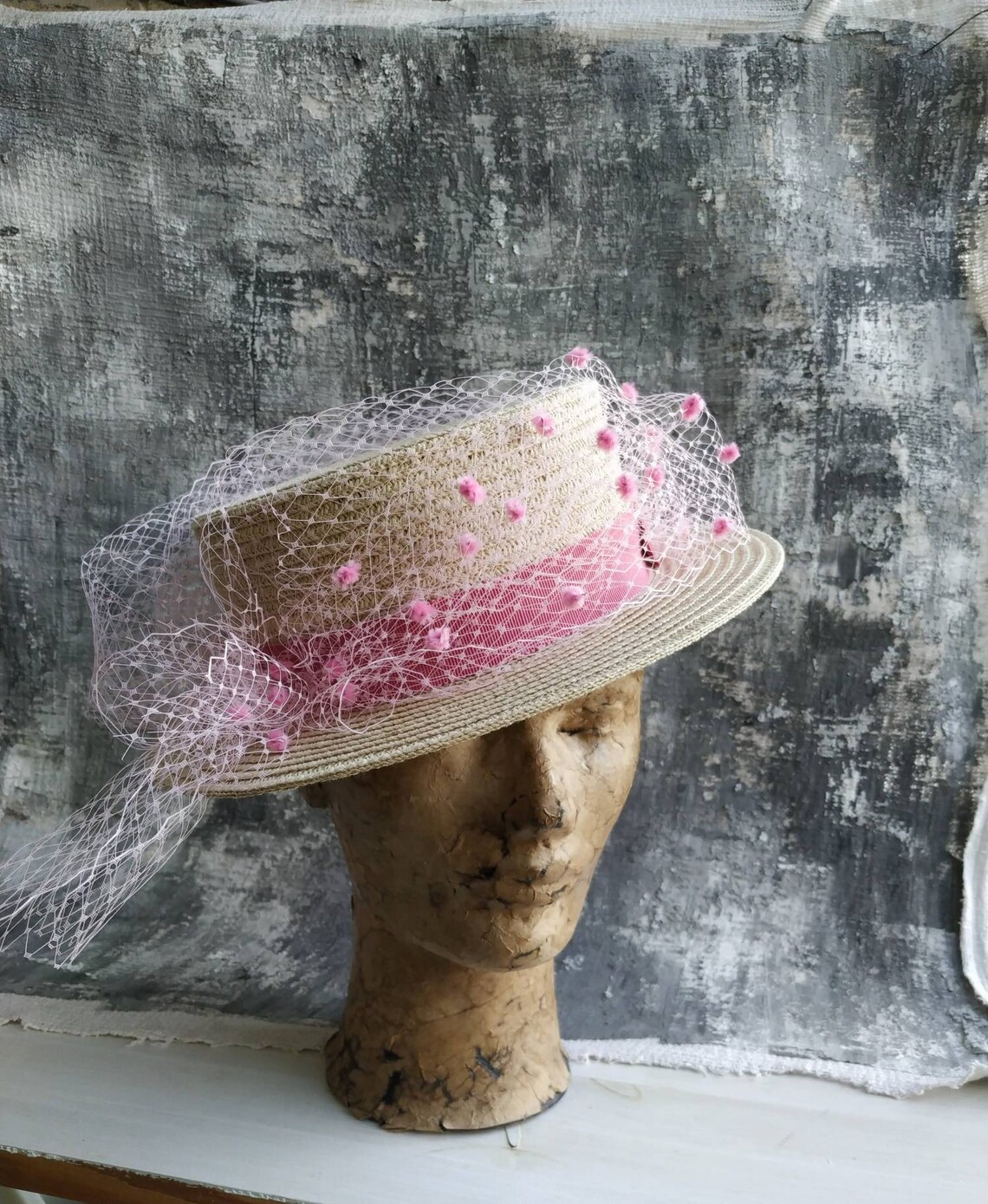 Womens Straw Boater Hat with Pink Veil Etsy
