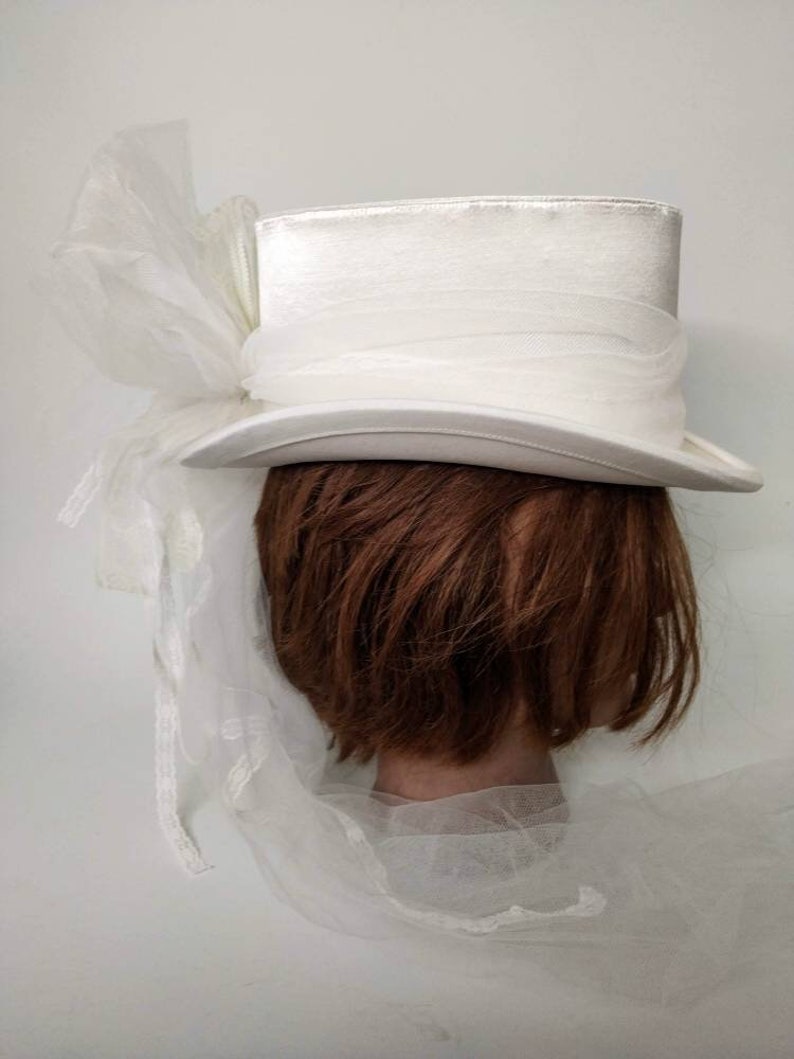 White bridal wedding top hat Riding habit with veil with bow Etsy
