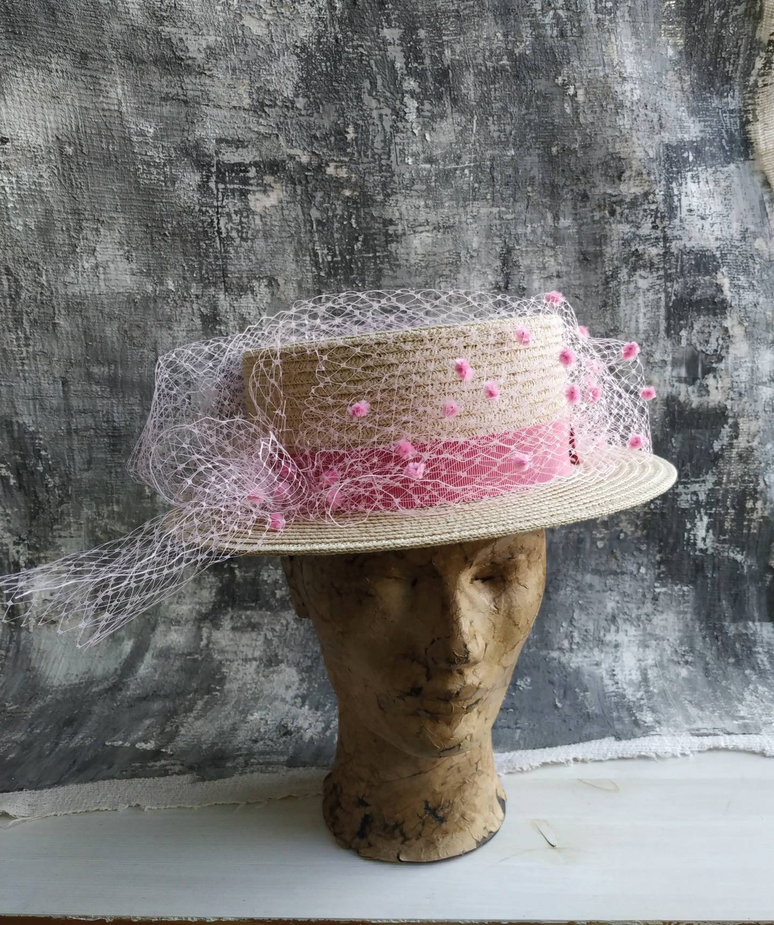 Womens Straw Boater Hat with Pink Veil Etsy