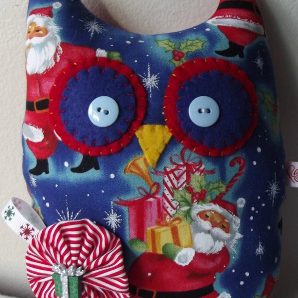 Christmas Owl-Owl Decoration-Holiday Owl-Santa fabric- Vintage santa decoration-Blue Christmas-Christmas Owl-Great Gift Idea-Holiday 2014