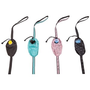 May include: Four dog waste bag dispensers with different colored patterned fabric. Each dispenser has a black strap and a small blue or yellow dispenser.
