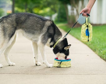 Collapsible and Portable Dog Water and Food Bowl that attaches to your leash handle.