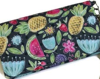 Women wallet, large wallet, large women wallet, summer wallet, purse, phone purse, trifold, pineapple, watermelon, flowers, polka dot,